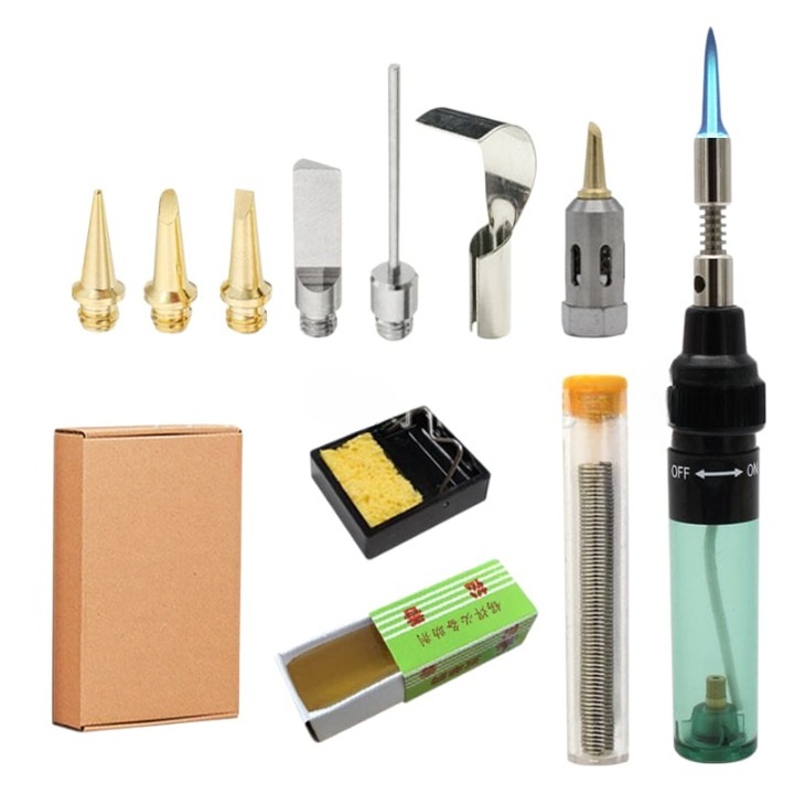 Pistol de lipit fara fir Arvada® UniGaz MT-100, set 12 piese, 15.5cm cu torta de suflare cu gaz butan, reincarcabil, multifunctional, negru/verde