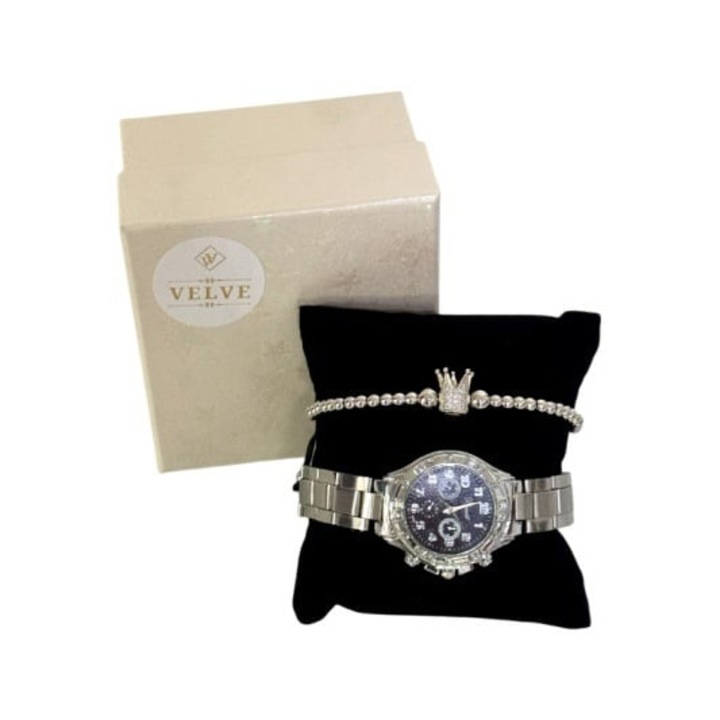 Set Ceas elegant de dama Benett si bratara din inox cu cristale, curea si cadran din otel inoxidabil, in cutie eleganta, Argintiu, Velve