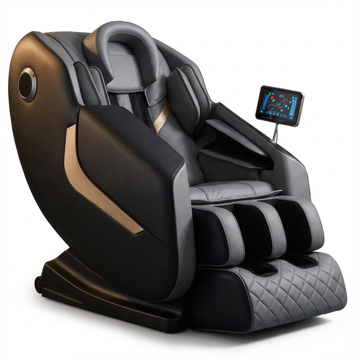 Fotoliu Masaj TOP SCAUNE® Ultra Pro, Inteligent cu AI Voice, Scaun Masaj Zero Gravity, Incalzire Lombara, Relaxare Completa cu Airbaguri Integrate, Suport Picioare Extensibil, Piele PU Premium, Functie Timer, Ecran Tactil, Bluetooth, Design Ergonomic, Gri