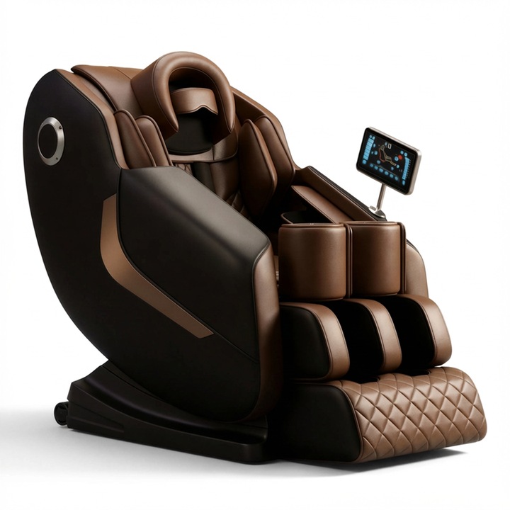 Fotoliu Masaj TOP SCAUNE® Inteligent Ultra Pro, AI Voice, Scaun Masaj Zero Gravity, Incalzire Lombara, Fotoliu Relaxare Bluetooth, Airbaguri Integrate, Piele PU Premium, Functie Timer, Suport Picioare Extensibil, Ecran Tactil, Design Ergonomic, Maro