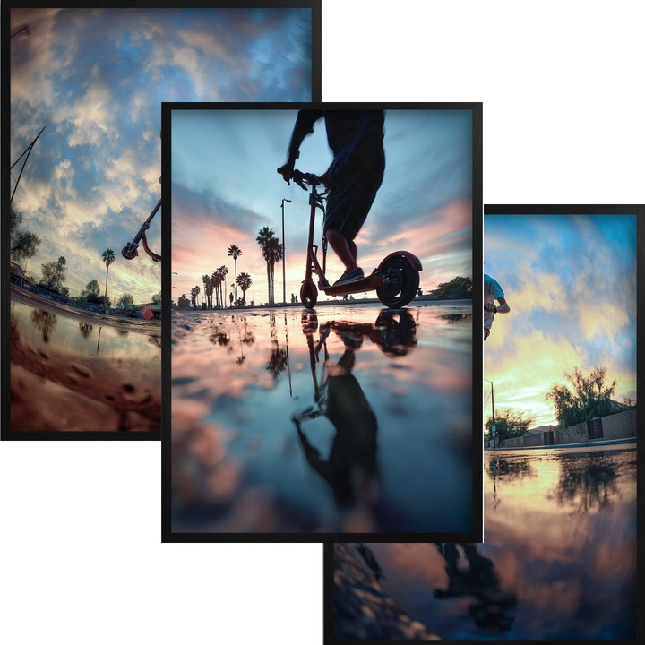 Set de postere murale, Naklejkomania, 30x40, 3 postere, 3 rame, imprimare digitala, hartie fotografica, negru, albastru, setul include 3 postere si 3 rame, material: MDF, plexiglas, imprimare de inalta calitate, rezistenta la decolorare, design