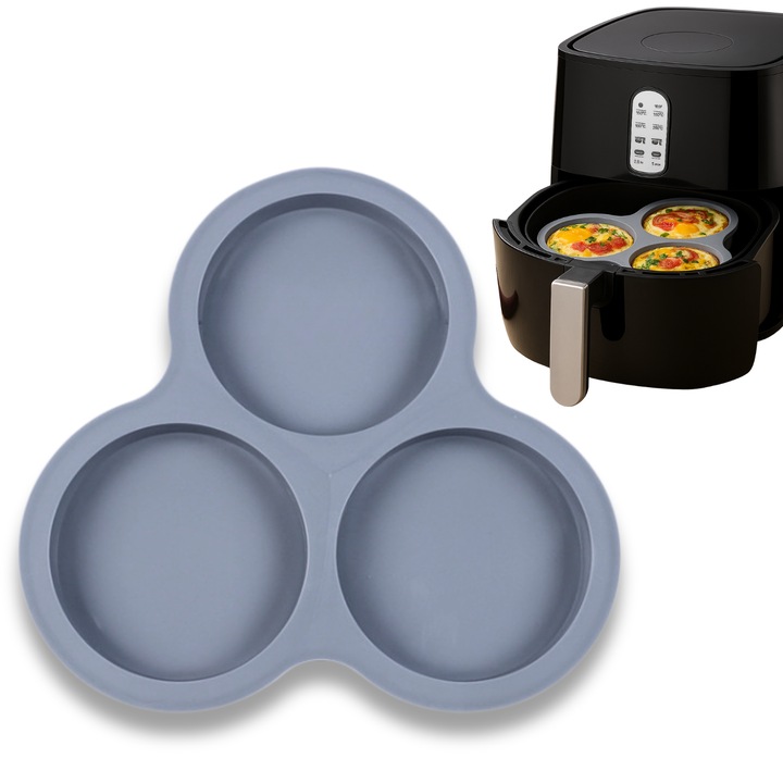 Szilikon sütőforma, NARCIX® – Air Fryer és sütő kiegészítő, 3 rekeszes, ideális tojásokhoz, tapadásmentes, rugalmas, újrafelhasználható, szürke