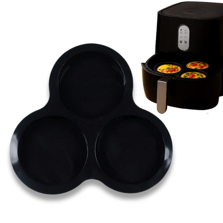 NARCIX® szilikon sütőforma – air fryerhez és sütőhöz való kiegészítő, 3 rekesszel, tojásokhoz ideális, tapadásmentes, rugalmas, újrahasználható, fekete