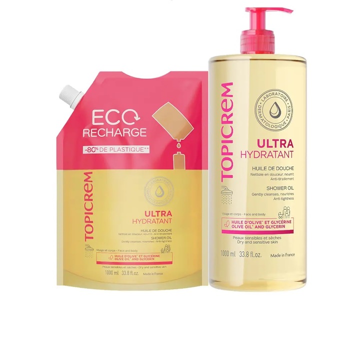 Topicrem UH tusfürdő gél készlet, 2 x 1000 ml, hipoallergén, száraz és érzékeny bőrre