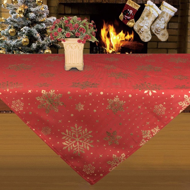 Fata de Masa Decorativa de Craciun Rosie cu Fulgi din Folie Aurie 80x80cm