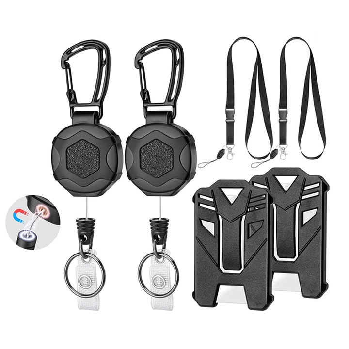 ZOUN 2 db visszahúzható mágneses kulcstartó készlet, zsinórral és kártyatartóval, tartós, jelvénytartó karabinerrel, rozsdamentes acél/Azusa ötvözet/ABS, multifunkcionális, fekete