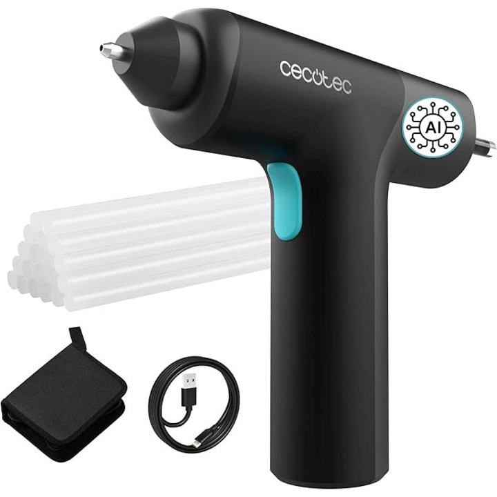 Cecotec Wireless szilikon ragasztópisztoly, beépített 3,6 V-os akkumulátorral, Perfect Fix 360 FreeStyle. IA Tech rendszer, ultragyors felmelegedés, tokkal, asztalvédelemmel és 20 szilikon rúddal