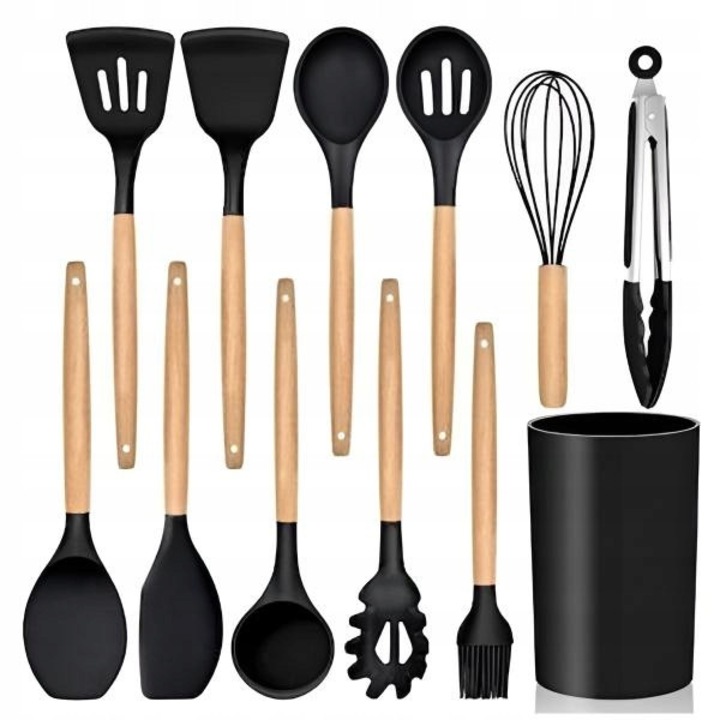 Комплект 12 кухненски прибора от силикон с дървени дръжки + поставка за съхранение