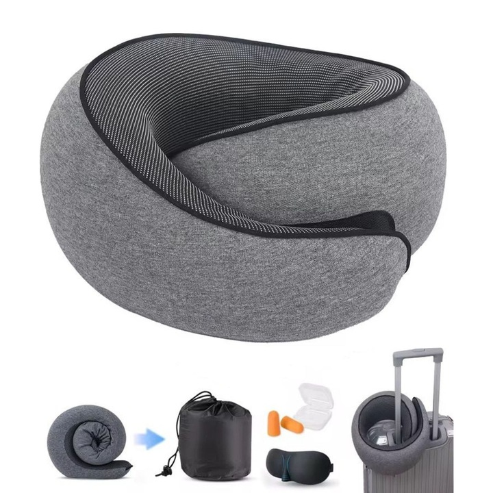 Perna Mycare de calatorie cu spuma cu memorie, design ergonomic si portabil, ideala pentru dormit, completa cu husa, masca pentru ochi si dopuri de urechi, potrivita pentru calatorii cu masina, autobuzul si avionul (gri)