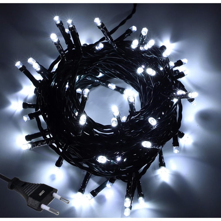 EDAR Lineáris Karácsonyi Fényfüzér, 32 m, 400 Hideg Fehér LED, 8 Fényjáték, Fára és Kültérre, Fekete Kábel, Hálózati Tápellátás