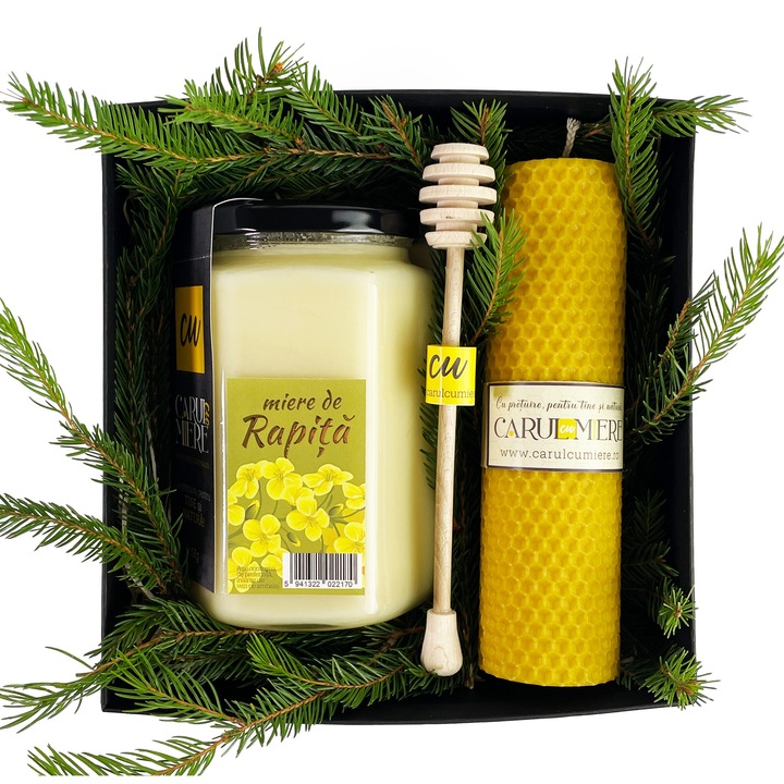 Pachet cadou Carul cu Miere, miere de rapita 1kg, lumanare din ceara naturala 17x5cm, ustensila pentru miere