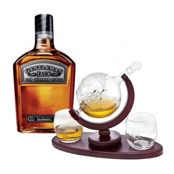 Pachet cadou, Jack Daniel's Gentleman Whisky 0.7L, set decantor Glob Pământesc cu 2 pahare din sticlă, suport și tavita din lemn, 850ml