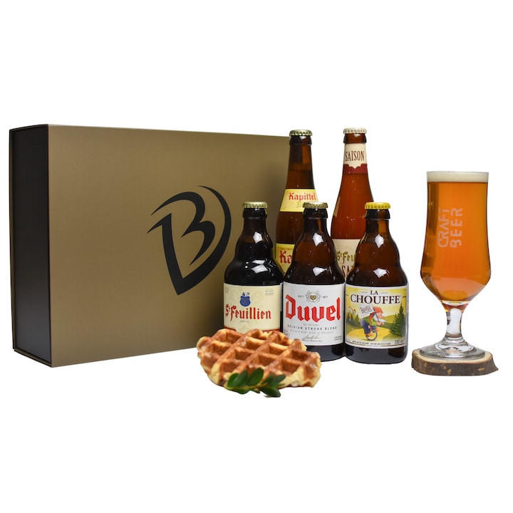 Set Cadou Degustare Bere Belgiană - VIVOBOX, 5 Sortimente Artizanale, Pahar Special, Gofre de Liege, Cutie Premium
