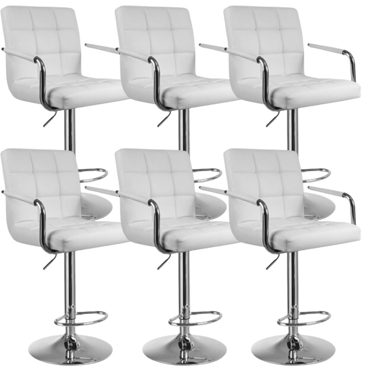 Set scaune salon/bar, reglabil, hidraulic, picior static, alb – design modern, 6 buc