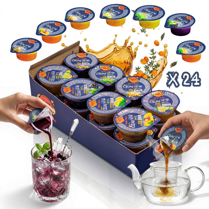 Ceai capsule din fructe naturale, preparare fara aparat, Meal Time® set 24 capsule, 60 g, consum cald sau rece, mix mango, lime, portocala, catina si fructe de padure, ideal pentru birou si calatorii