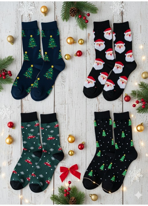 Férfi hosszú zokni szett, 4 pár, karácsonyi mintával, univerzális méret 41-45