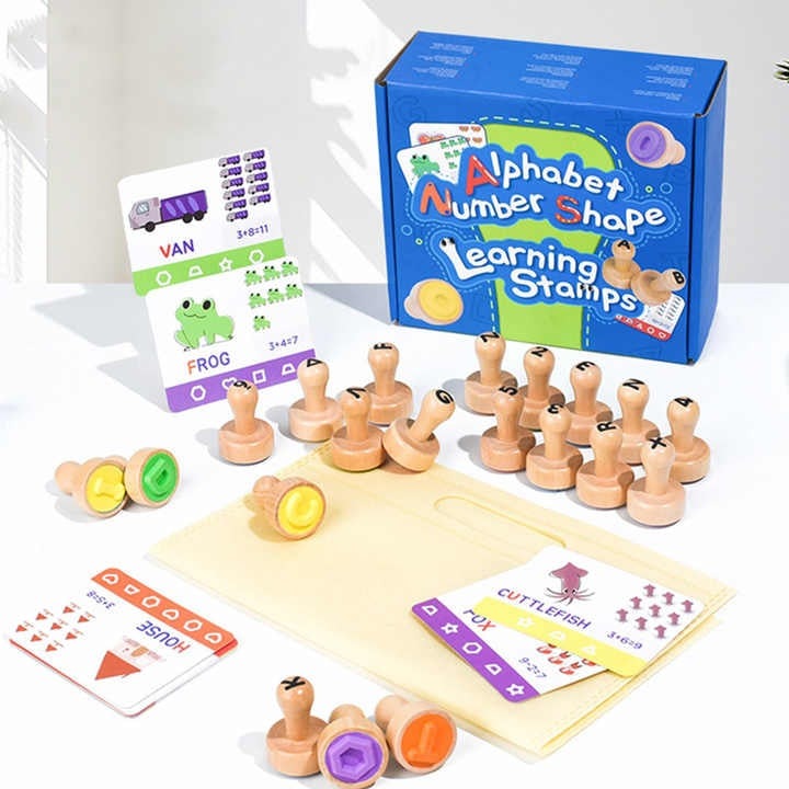 Set stampile din lemn Montessori, bebeLOGIC, litere, numere, forme geometrice, multicolor, 18.5x15.7x7.1cm