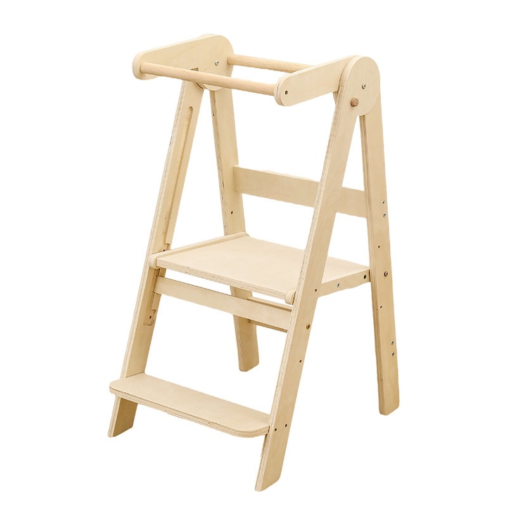 Turn de invatare Montessori tip learning tower pentru copii, pliabil, reglabil pe inaltime, rol de inaltator cu treapta, balustrade de protectie, lemn natural, bebeLOGIC™