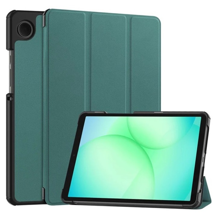Gigapack tabletvédő álló, bőr hatású, aktív flip, oldalra nyíló, trifold, asztali tartó, sötétzöld, kompatibilis: Samsung Galaxy Tab A11 LTE, SM-X135, / Galaxy Tab A11 WIFI, SM-X130