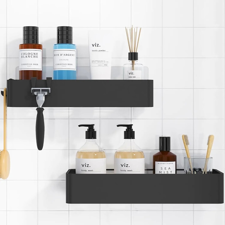 Комплект от 2 рафта за душ Elindor® Полица с лепило, етажерка за баня, от неръждаема стомана, поставка за кърпи, рафт органайзер, етажерки за съхранение в кухня, аксесоари, 30 x 11.7 x 5.5 см, черен