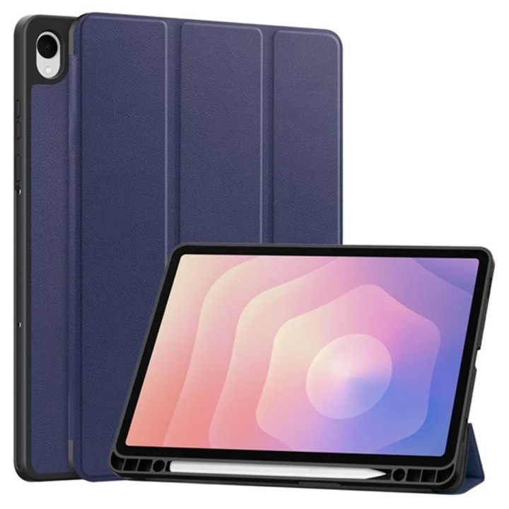 Gigapack tabletvédő álló, bőr hatású, aktív flip, oldalra nyíló, trifold, asztali tartó, ceruza tartó, sötétkék, kompatibilis: Samsung Galaxy Tab S11 5G, SM-X736B, / Galaxy Tab S11 WIFI, SM-X730