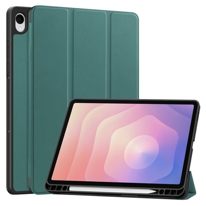 Gigapack tabletvédő álló, bőr hatású, aktív flip, oldalra nyíló, trifold, asztali tartó, ceruza tartó, sötétzöld, kompatibilis: Samsung Galaxy Tab S11 5G, SM-X736B, / Galaxy Tab S11 WIFI, SM-X730