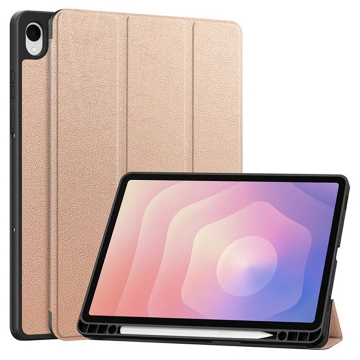 Gigapack tabletvédő álló, bőr hatású, aktív flip, oldalra nyíló, trifold, asztali tartó, ceruza tartó, rozéarany, kompatibilis: Samsung Galaxy Tab S11 5G, SM-X736B, / Galaxy Tab S11 WIFI, SM-X730