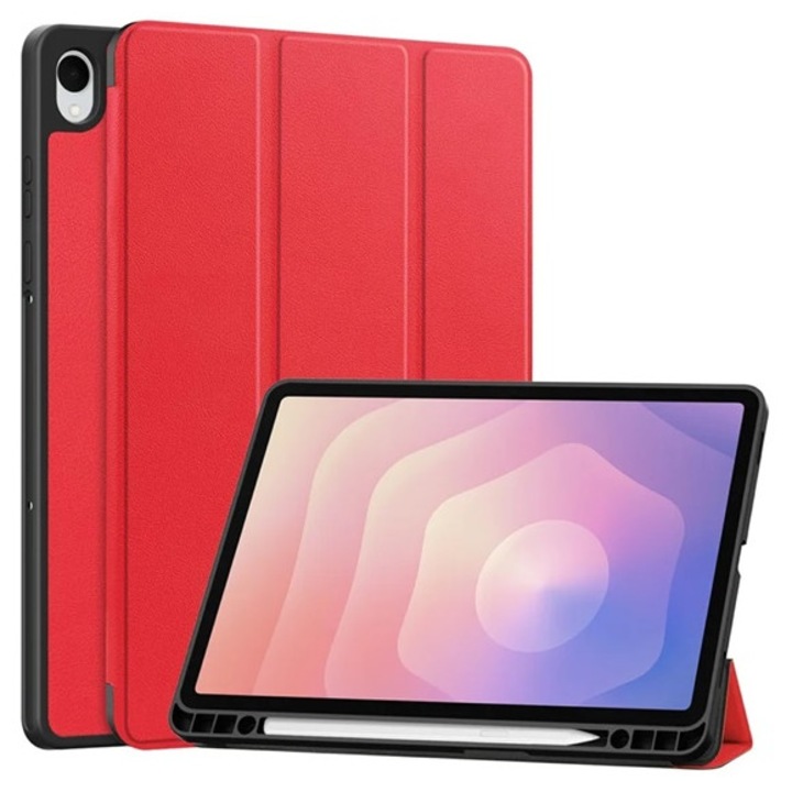 Gigapack tabletvédő álló, bőr hatású, aktív flip, oldalra nyíló, trifold, asztali tartó, ceruza tartó, piros, kompatibilis: Samsung Galaxy Tab S11 5G, SM-X736B, / Galaxy Tab S11 WIFI, SM-X730