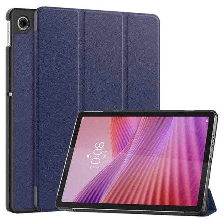 Gigapack tabletvédő álló, bőr hatású, aktív flip, oldalra nyíló, trifold, asztali tartó, sötétkék, kompatibilis: Lenovo Tab 10.1, TB-311FU