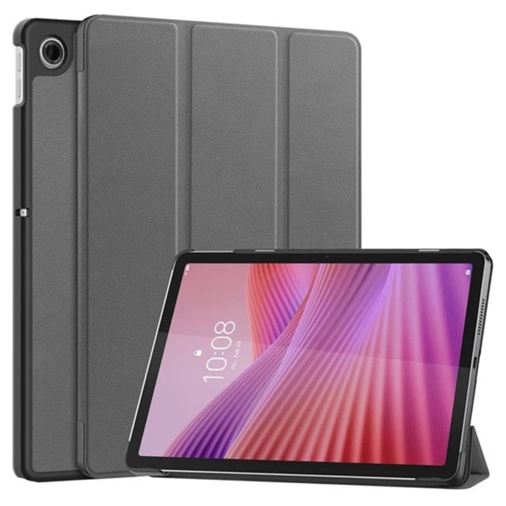 Gigapack tabletvédő álló, bőr hatású, aktív flip, oldalra nyíló, trifold, asztali tartó, sötétszürke, kompatibilis: Lenovo Tab 10.1, TB-311FU