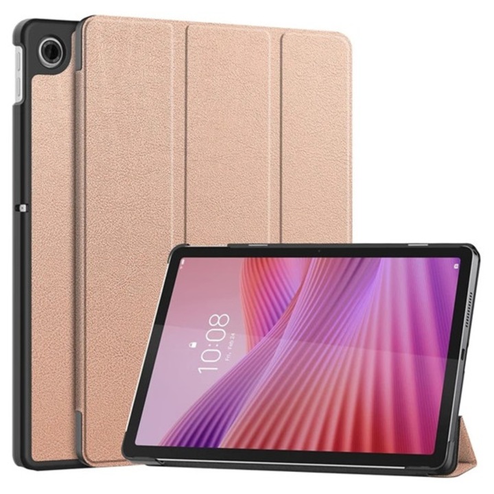 Gigapack tabletvédő álló, bőr hatású, aktív flip, oldalra nyíló, trifold, asztali tartó, rozéarany, kompatibilis: Lenovo Tab 10.1, TB-311FU