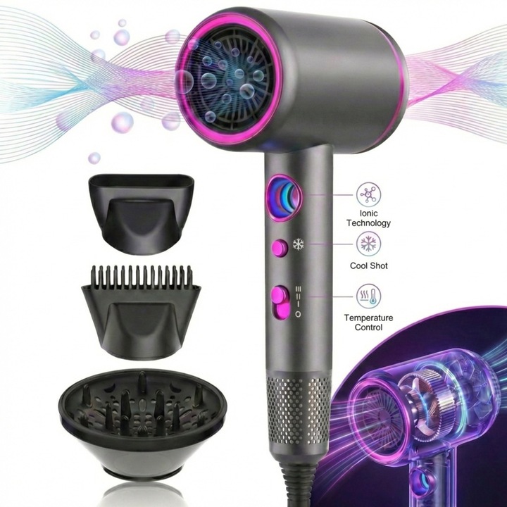 Професионален сешоар Skylaze M777, 2200W изключително мощен, мотор с 40.000 RPM, дигитален дисплей за температура, 6 степени на скорост, студен/топъл въздух, технология с отрицателни йони, 3 включени аксесоара, сиво-розов