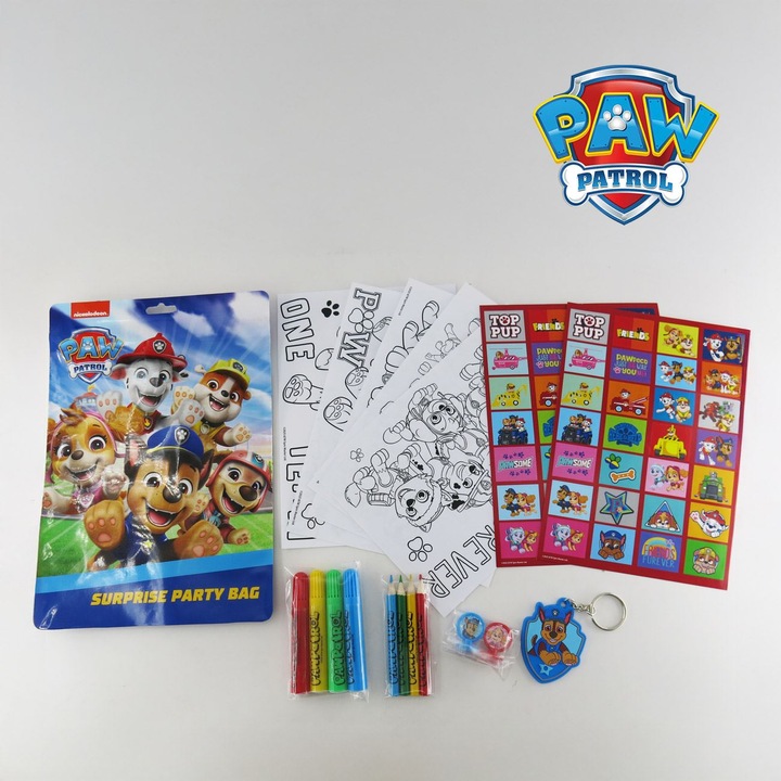 Punga cadou de petrecere set Paw Patrol, 4 carioci, 4 creioane colorate, multicolor