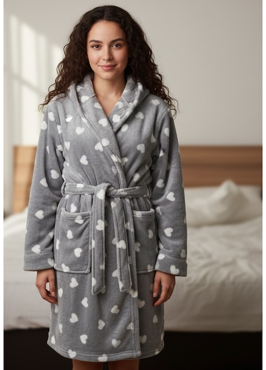 Női köntös kapucnival, kocolino puha polár, bolyhos, övvel, szürke szívecskék 12837, Szürke