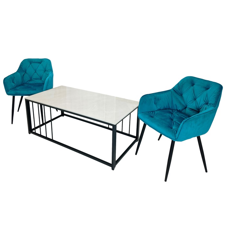 Set masuta cafea Indiana cu 2 fotolii Tokyo turcoaz, DENVER, dreptunghiulara, 120x60x45 cm