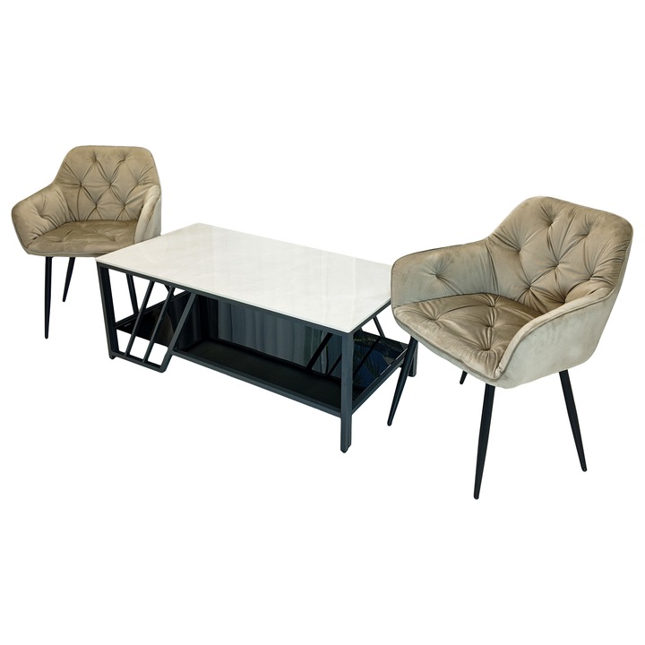 Set masuta cafea Indianapolis cu 2 fotolii Tokyo bej, DENVER, dreptunghiulara, 120x60x45 cm