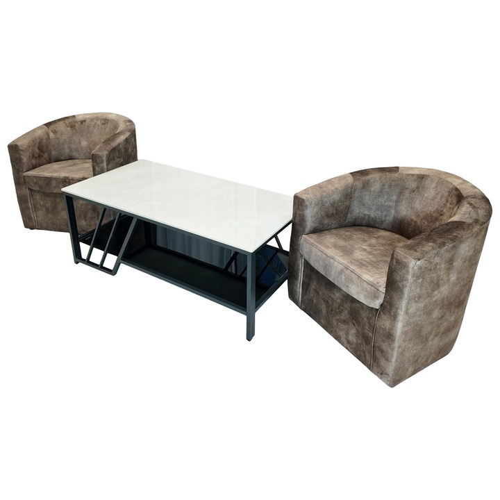 Set masuta cafea Indianapolis cu 2 fotolii Latte maro, DENVER, dreptunghiulara, 120x60x45 cm