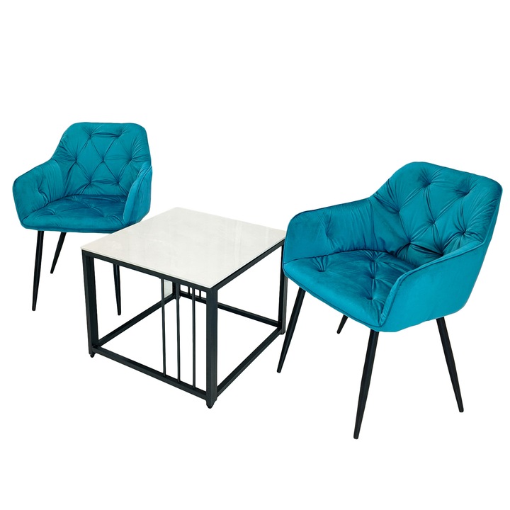 Set masuta cafea Tulsa cu 2 fotolii Tokyo turcoaz, DENVER, dreptunghiulara, 60x60x45 cm