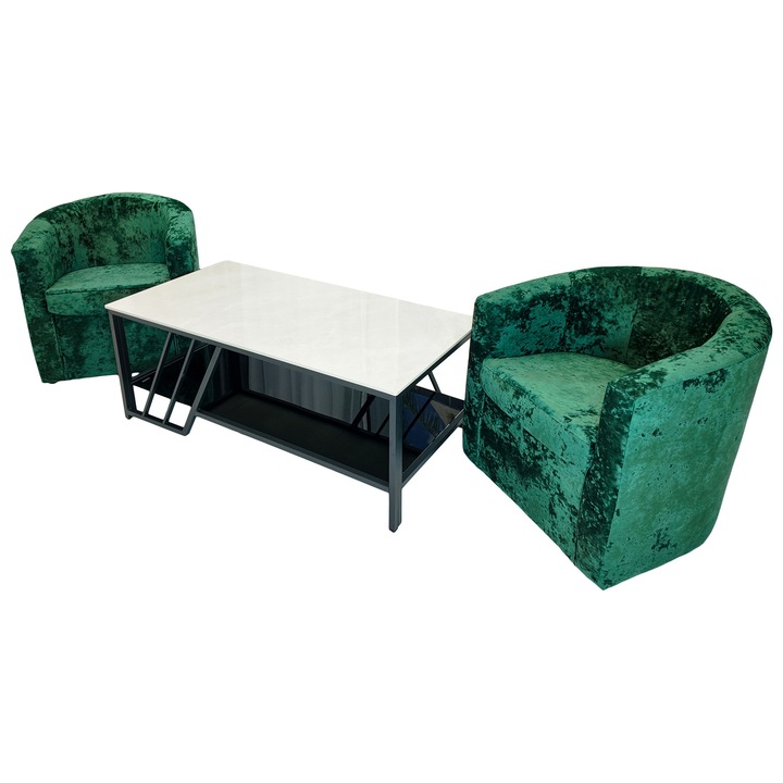 Set masuta cafea Indianapolis cu 2 fotolii Latte verde, DENVER, dreptunghiulara, 120x60x45 cm