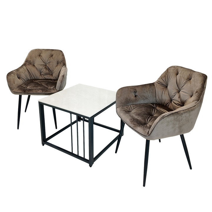 Set masuta cafea Tulsa cu 2 fotolii Tokyo maro, DENVER, dreptunghiulara, 60x60x45 cm