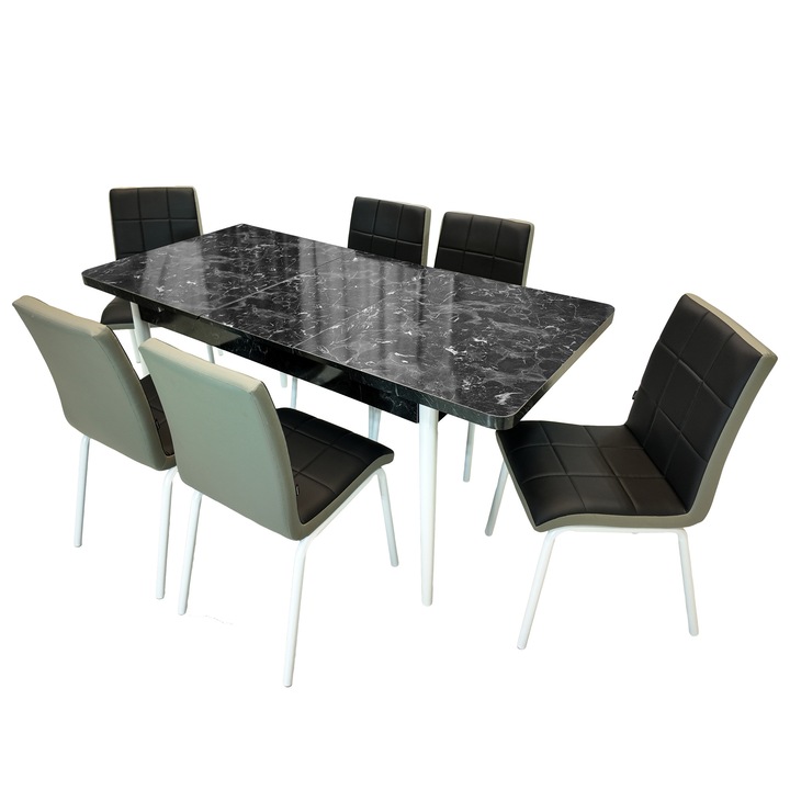 Set masa extensibila Napoli Black Marble cu 6 scaune Miami, DENVER, tapiterie din piele ecologica negru-gri, picioare vopsite alb, 130x80x76 cm
