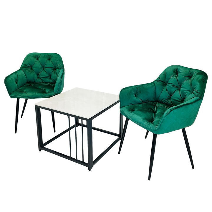 Set masuta cafea Tulsa cu 2 fotolii Tokyo verzi, DENVER, dreptunghiulara, 60x60x45 cm