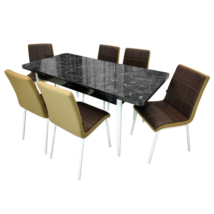 Set masa extensibila Napoli Black Marble cu 6 scaune Miami, DENVER, tapiterie din piele ecologica maro-bej, picioare vopsite alb, 130x80x76 cm