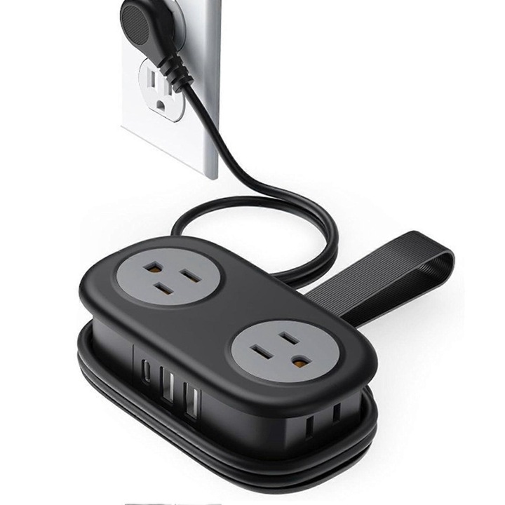 Utazó elosztó 4 láb, 4 AC aljzat, 2 USB port, 1 Type C port, túlfeszültség-védelem, fekete