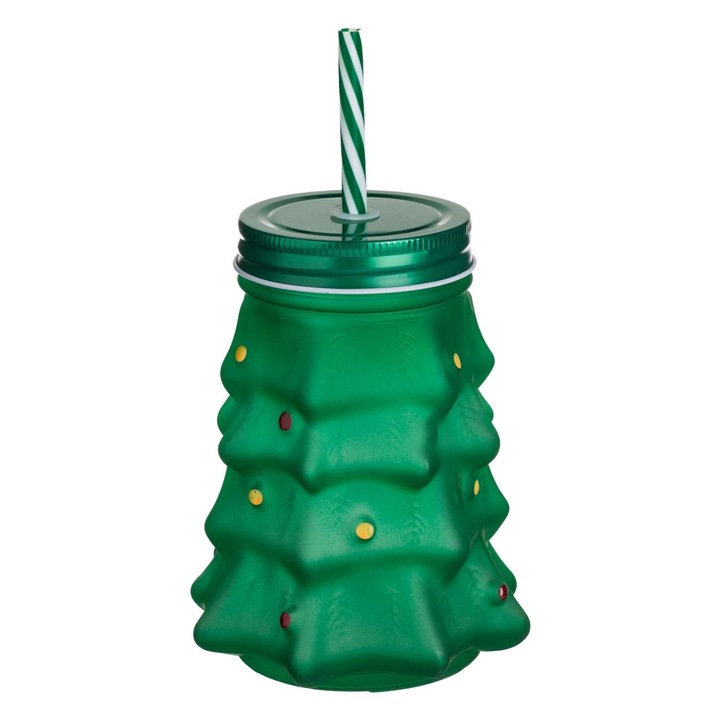 Zöld üvegpohár szívószállal, karácsonyfa alakú, 530ml