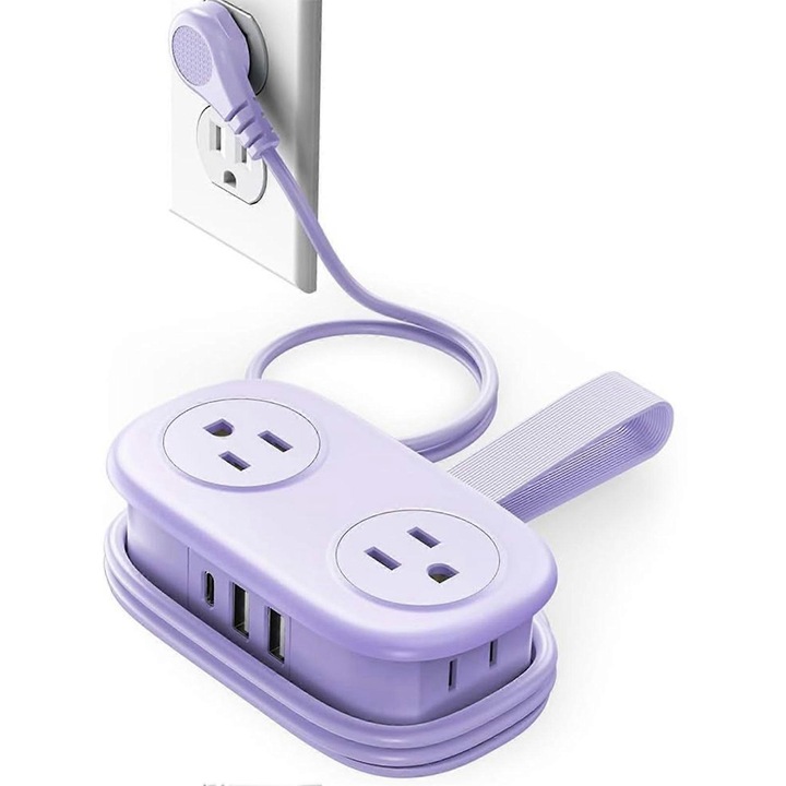 Utazó elosztó 4 láb, 4 AC aljzat, 2 USB port, 1 Type C port, túlfeszültség-védelem, lila, kompakt méret
