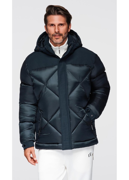 Geaca cu gluga si matlasare geometrica OMBRE OM-JAHP-0237, Albastru inchis