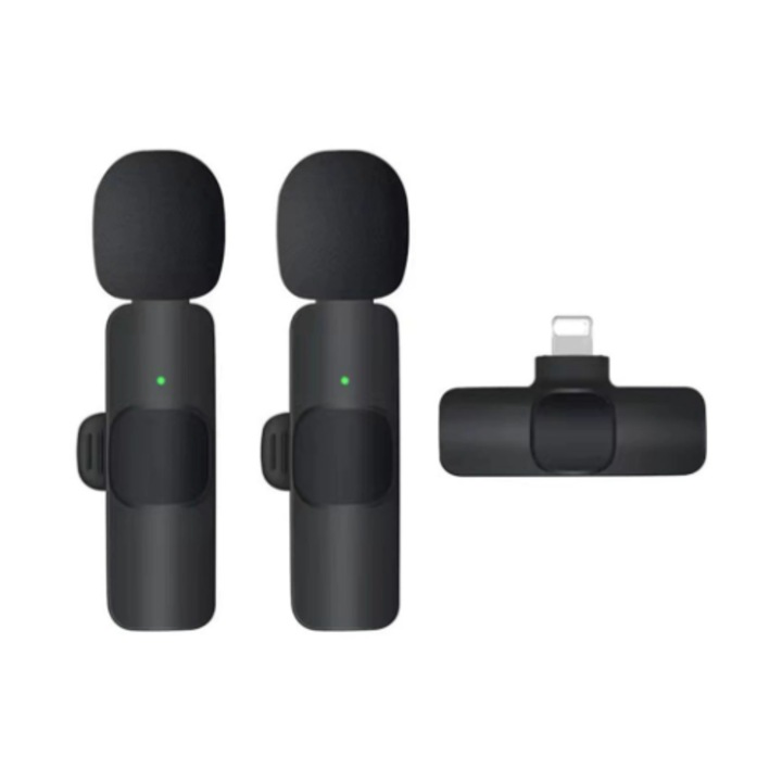 Set microfon wireless tip lavaliera, 2 microfoane si un receptor, Plug & Play, compatibil Android si IOS (iPhone), reducere zgomot fundal, receptie 20 metri, clip prindere, perfect pentru vlog, creare continut, negru