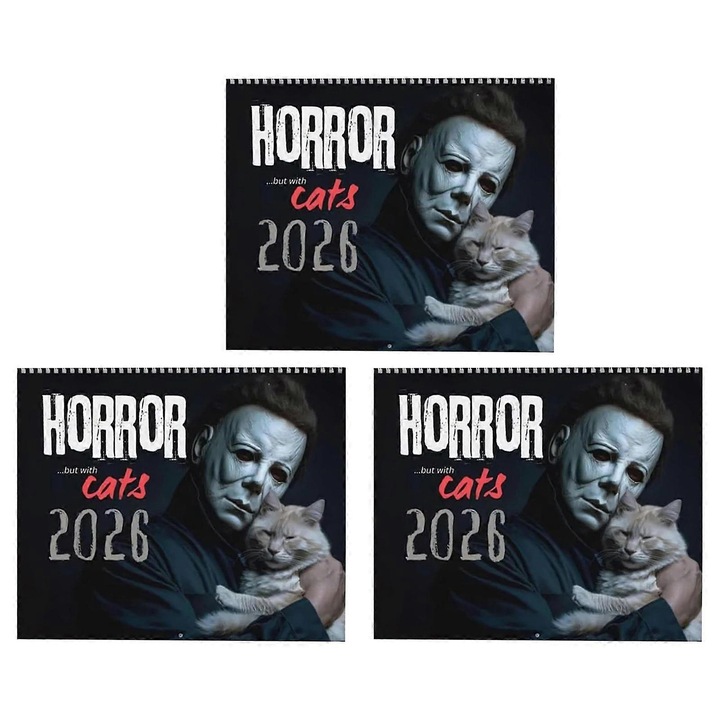 Calendar de perete 2026 cu pisici horror, 3 piese, arta tematica, multicolor, 30x45cm