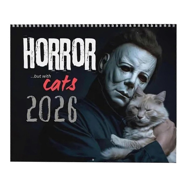 Calendar de perete 2026 cu pisici horror, arta tematica, 12 luni, multicolor